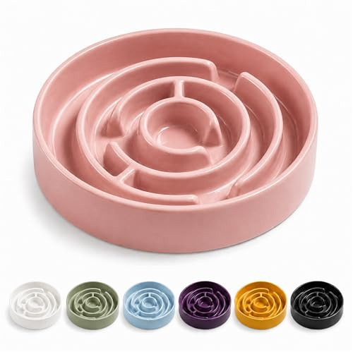 Slow Feeder Dog Bowls, Ceramic Dog Bowl with Anti-Slip, Slow Feeder & Non-Slip Design, Boredom and Anxiety Reducer, Suitable for All Breed Dogs and Cat(Ceramic-Pink)