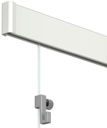 Artiteq Click Rail - Sistema di sospensione per pittura, 400 cm, primer bianco (RAL 9016), set completo di fili, ganci e materiale di fissaggio trasparenti, portata 30 kg p/m