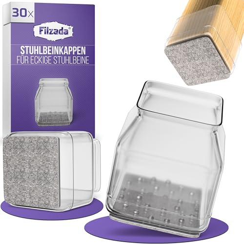 Filzada® 30x Silikon Stuhlbeinkappen Eckig 23-32mm Transparent Stuhlgleiter | Filzgleiter für Stühle Silikon - Stuhlbeinschoner Stuhl Schutzkappen Stuhlbeine - Stuhlsocken Alternative - ohne Werkzeug