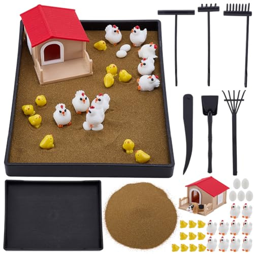 WEBEEDY Kit de Jardin Zen pour Poulets de Bureau Kit DIY de Jardin de Sable Décoratif Zen avec Poule Œufs et Figurines de Ferme Ornement de Table Amusant pour Le Bureau à Domicile 21x15.7cm