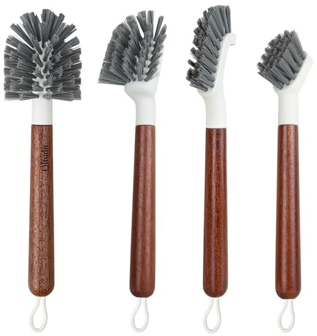 QLTUDN 4-Pack Heavy Duty Scrub Brushes with 11 Sapele Wood Handle – PBT Bristles & TPR Loop – Kitchen, Bathroom, Grout, Dish & Tile Cleaner – Durable Non-Slip Multi-Surface Cleaning Brush Set