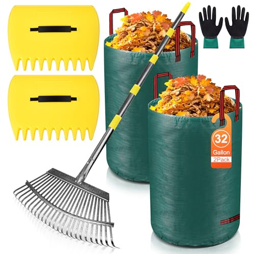 Adjustable Garden Leaf Rake Set, 18 Wide, 25 Tines, 37-79 Handle Metal Leaf Rake with 2 Pack 32 Gallons Leaf Bags and Scoops. Heavy Duty Graden Rakes Set for Lawn, Grass, Shrubs, Flower Beds