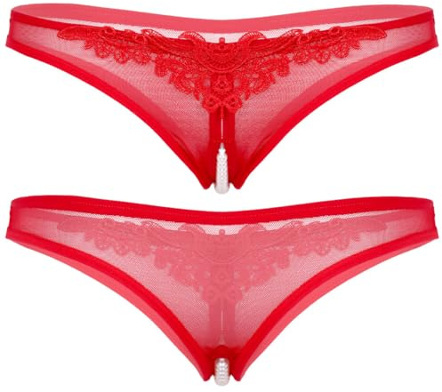 Moggemol Femmes String Transparent Tanga Ouvert Slip avec Chaînes De Perles String De Perles Érotique Culotte Ouvert Entrejambe Sousvêtements Séduisants Lingerie Rouge Taille Unique