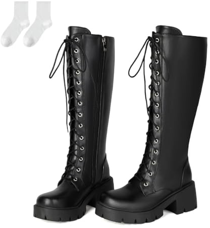 Stivali Alti Con Tacco A Blocco Da Donna, Eleganti Stivali Lunghi Casual Stivali Equitazione Grandi Dimensioni Testa Rotonda Scarpe Con Lacci E Cerniera Laterale Stivali Cavaliere,Nero,39 EU