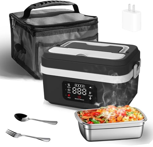 Scalda Vivande Elettrico Portatile, Scatola Porta Pranzo Elettrica, Ricaricabile Riscaldamento Automatico porta Pranzo, Porta Pranzo Riscaldabile con Timer, Mantenimento Caldo (Bianco e nero)