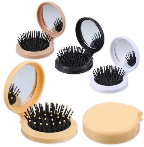 Wanmu 4 Stück Mini-Haarbürste Mit Spiegel, Klein Faltbare Reisebürste Klappbürste, Runde Tragbare Haar Bürste Haarmassagekamm für Männer Frauen Mädchen Damen(Gelb, Kaffee, Schwarz, Weiß)
