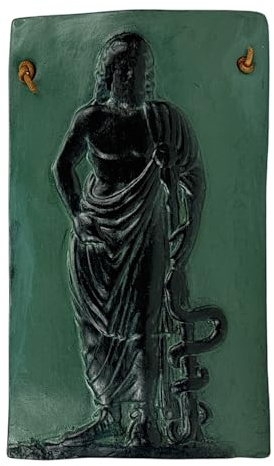 Asclepius Greek God of Medicine – Handmade Small Ceramic Wall Relief, Green, Classical Mythology Decor, Medical Art Replica