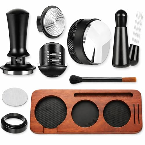 Tamper 54 mm, 7-teiliges Barista Set mit Tamperstation für Sage/Breville | Espresso Zubehör aus Sapeleholz mit Tamper, Distributor, WDT Tool, Dosierring, Puck Screen und Bürste für 54-mm-Siebträger