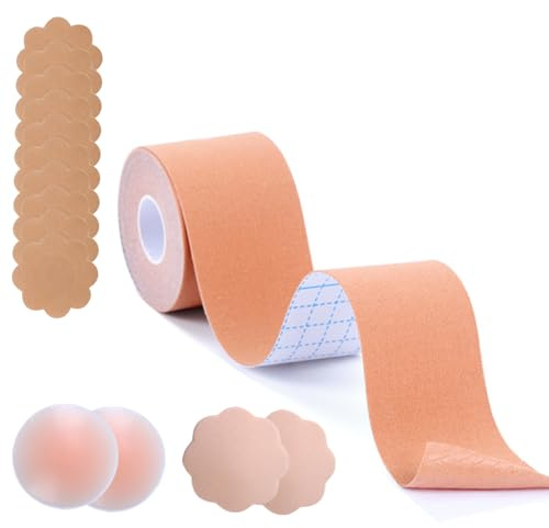 Zynxel Bande Soutien Gorge Invisible Adhesif, 12 Autocollants Mammaires en Forme de Pétales, 2 Cache Tetons Réutilisables, Sein Adhesif Boob Tape pour Bonnet A-E Gros Seins