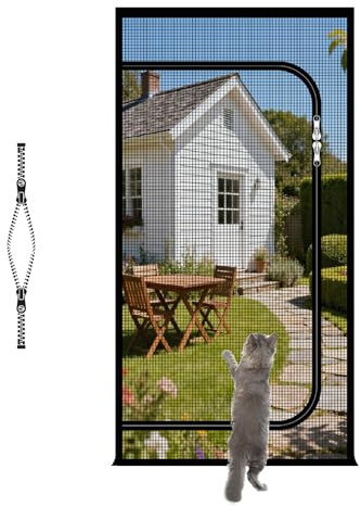 akgao Tenda Zanzariera per Animali Domestici con Cerniera 105x225cm Nero | PP Rete Rinforzata a Prova Gatto, Install con Ganci Anelli, Zanzariera Porta Resistente Graffi di Cani Gatti per Balcone