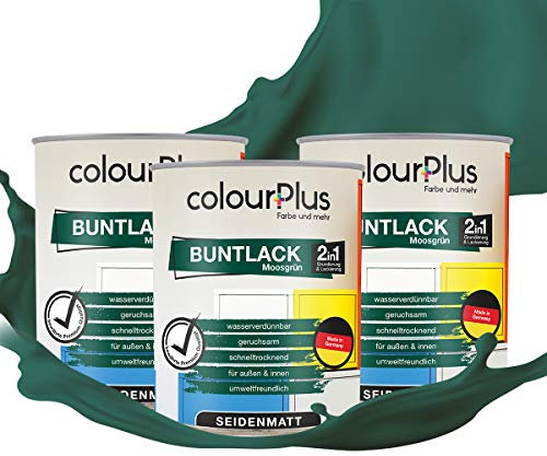 colourPlus 2in1 Buntlack Seidenmatt (2,25L Moosgrün/Grün RAL 6005) – Wetterfeste Holzfarbe Holzlack Küchenmöbellack. Getrocknet auch für Kinderspielzeug. Schnelltrocknend, Für Innen Außen