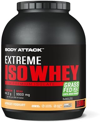 Body Attack Extreme Iso Whey, Apricot-Yoghurt, 1,8 kg, CFM Whey Protein Isolat aus 100% irischer Weidemilch, glutenfrei, reich an EAAs, perfekt löslich, fettarm, ohne Aspartam, 90,6% Isolat-Anteil