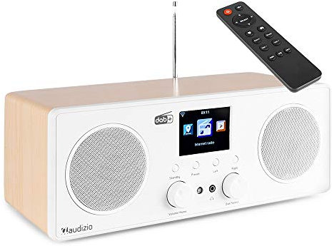 Audizio Bari Radio WiFi Internet estéreo con Dab+, FM, Radio Despertador Bluetooth, Mando a Distancia, Pantalla Display de 2,8, Spotify Connect, Salida de Auriculares, Entrada Auxiliar (Blanco)
