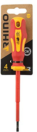 RHINO Tournevis plats 1000V isolés 4 x 100 mm - Tournevis d'électricien - Lame en chrome vanadium - Manche ergonomique - Usage professionnel - Garantie à vie - Différentes tailles disponibles