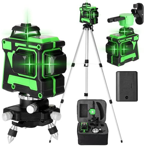 Kreuzlinienlaser mit Stativ Geevorks Laser Wasserwaage 3D 12 Linien 3° Selbstnivellierende Kreuzlinienlaser 4800mAh Akku mit 1,2M Stativ-3 Höhenverstellbar, 30M für Innen-und Außenbereich Baustelle