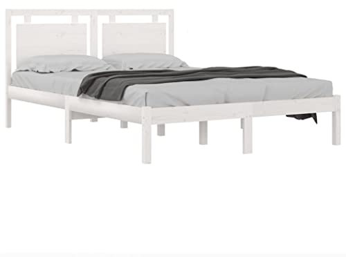 vidaXL Double Bed Frame Solid Pinewood | Wooden Bed and Headboard | Suitable for 120x200 cm Mattress | Modern Style Bedroom Essential, Color: White