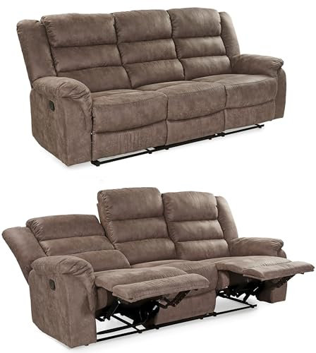 Dreisitzer Sofa, Taschenfederkernpolsterung, Wellenfedern, B212/T93/H103, 3er Couch verstellbar dr. praktische halbautomatische Relaxfunktion, Bezug Mikrofaser Vintage Grau Braun / 15134