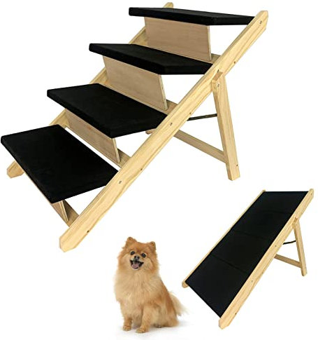 Aufun 2-in1 Hunderampe, Haustiertreppe Hundetreppe Faltbar für Katzen große und kleine Hunde, Tiertreppe Kiefernholz, Landeplattform schließt nahtlos an, rutschfest bis 80 kg