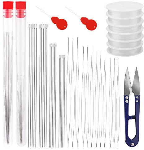 43 Stück Perlennadeln, 20 Stück lange gerade Perlennadeln, 12 Stück Perlennadeln mit großem Auge, 0,6 mm elastische Schnur und Nadeleinfädler für die Herstellung von Schmuckperlen-Armbändern