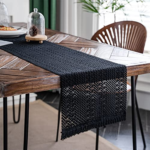 Weldomcor Macrame Table Runner Farmhouse Boho Beige Table Runner with Tassel Bohemian Woven Cotton Crochet Lace Rustic Home Decor for Bridal Shower Wedding Dinning Table(Black, 30x180cm)