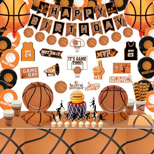 PIXHOTUL Décorations de fête de basket-ball, fournitures de fête d'anniversaire de basket-ball-assiettes en papier, bannière de joyeux anniversaire, panneaux de basket-ball, ballons, pour 20 personnes