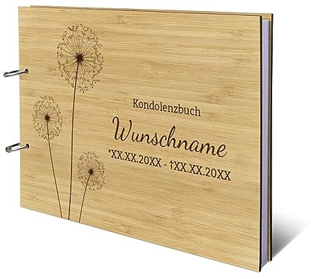 Personalisiertes Kondolenzbuch echtes Holz DIN A4 Gästebuch mit Lasergravur - Pusteblume - mit 72 Blatt / 144 Seiten Naturpapier Weiß