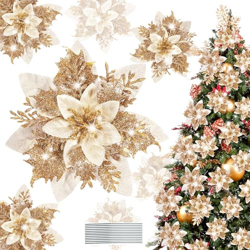 Pecehom Lot de 16 poinsettia artificielles à paillettes pour décoration de sapin de Noël, Nouvel An, mariage, couronne de Noël, décoration d'intérieur (doré)