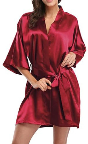 Women's Sexy Lingerie Short Satin Belted Kimino Robe Half Sleeve Soft Silky Bathrobe Nightdress, Ladies Dressing Gown V-Neck Cardigan Bridesmaid Loungewear Sleepwear for Wedding Party (Burgundy)