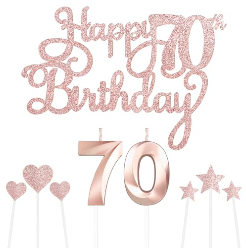 Personalised Rose Gold Happy 70th Birthday Cake Topper Set With Number Candles, Star Cupcake Toppers and Decorations for Her Him Women Anniversary (Set 9)