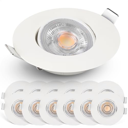 EMOS LED Einbaustrahler 230V dimmbar, 4,9W / 480lm, 50° schwenkbar, warmweiß 2700K | Set mit 12 Stück Einbaustrahler LED Spot ultraflach, rund | Deckenspots LED dimmbar für Innenräume, Farbe weiß