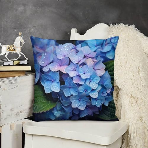 Blue Hydrangea Flower Velvet Soft Decorative Square Throw Pillow Covers 16 x16 Watercolor Blossom Hydrangea Blue Flowers Pillows for Couch for Couch Bed Living Room Car