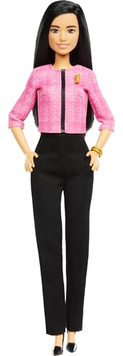Barbie Careers Doll & Accessori, futuro leader con capelli neri, vestito con 2 braccialetti dorati e spilla B, adesivo per bambini incluso
