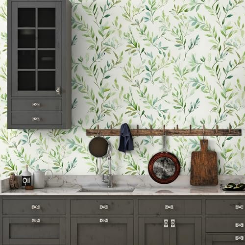 Fchen art Papier peint texturé à décoller et à coller - Motif feuilles vertes - Papier peint rétro à décoller et à coller - Décoration d'intérieur amovible - 45 x 1000 cm