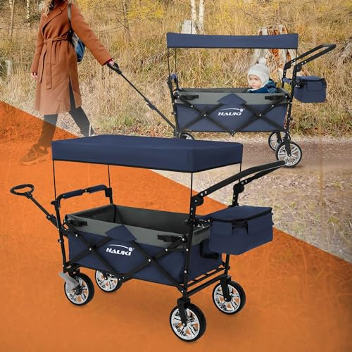 Hauki Carro de Mano Plegable con Techo Azul-Gris Carreta de Transporte Carro de Equipamento Incluye 2 Bolsillos de Malla, 1x Bolsa Exterior Carretilla Jardín hasta 120kg con Ruedas Delanteras 360°