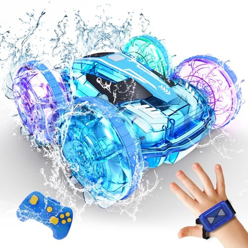 Tecnock Amphibious Remote Control Car Boat for Kids, 4WD RC Stunt Car with Waterproof Remote Control, 2.4GHz Gesture RC Cars with LED Lights, Water Pool Toys Gifts for Boys, Girls