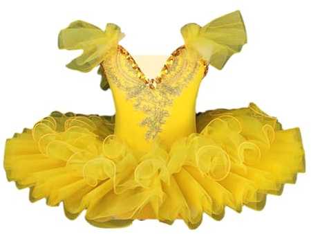 HWBZSZY Professionelles Ballett Tutu Kleid Kinder Bunt Schwanensee Ballerina Party Tanz Kostüm glänzende Pailletten Gymnastik Tanz Tanz Trikot Ballsaal Tanzbekleidung für Mädchen,Gelb,120cm