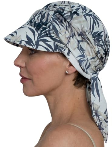 Deresina Sommer-Schal-Visier-Hut für Damen – Baumwoll-Kopfbedeckung bei Haarausfall, Vorgeknotet, Chemomütze, Alopezie Kopfbedeckung, Atmungsaktiver Sonnenschutz (Taupe Blätter)