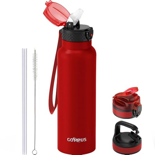 GOPPUS Bottiglia d'acqua in acciaio inox da 750 ml/24 oz con cannuccia, 0,75 litri, bottiglia per acqua calda a doppia parete, isolata, a prova di perdite, per adulti