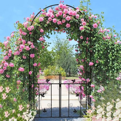 Rosenbogen aus Metall Mit Tür Tor, 110 x 215 x 37 cm Gartenbogen für Kletterpflanzen, Torbogen, Rankbogen Rosen, Wetterfeste Rankhilfe für Garten Rasen drinnen und draußen(Black)