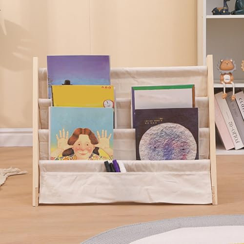 Children Sling Bookshelf with Pocket, 4 Tiers Wood and Canvas Sling Book Rack Storage with Deep Sleeves for School Supplies Stationery Room Classroom