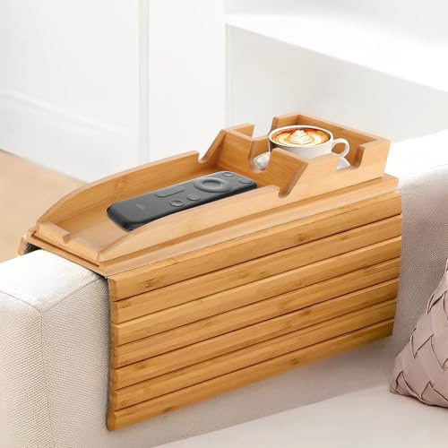 SHUESS Sofatablett Armlehne aus Bambus, 41 x 34 cm Sofa Tablett Armlehne mit 34 x 14 cm Ablage, rutschfestes Sofa Armlehnen Tablett, Faltbare Couch Ablage für Tasse, Fernbedienung und Handy
