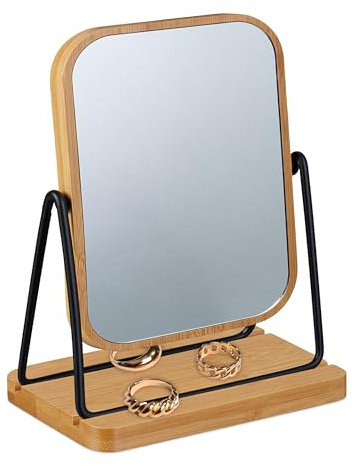 Relaxdays Specchio da Trucco con Cornice in bambù e Metallo, Specchietto Girevole da Tavolo, 23x14,5x10 cm, Nero Marrone