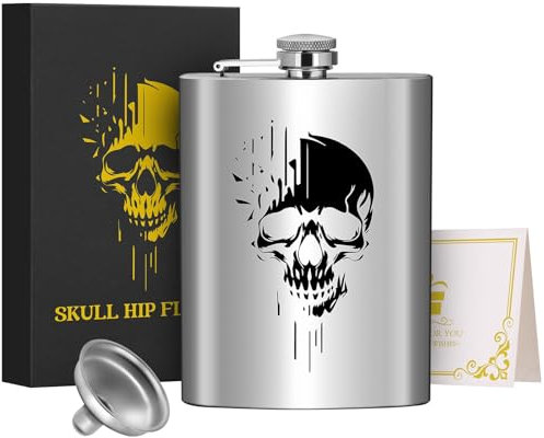 1 fiaschetta in acciaio inox da 226,8 g, fiaschetta tascabile, con imbuto e biglietto di auguri, confezione regalo, con motivo teschio nero, perfetta per campeggio, escursionismo e attività