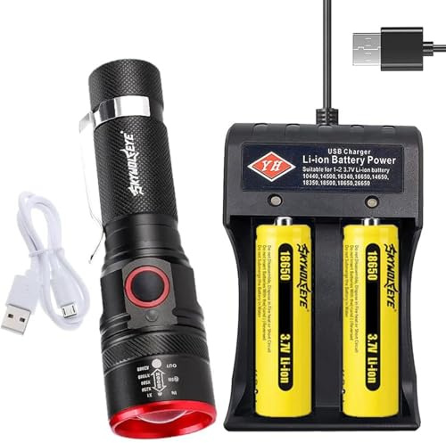 VISVIC 18650 Torch with 2pcs 18650 Battery 3 Modes,Waterproof for Camping and Outdoor Use High Lumens Zoomable Flashlights,Pocket Size.Long Working Time Handheald Torch for Hiking Hunting Home