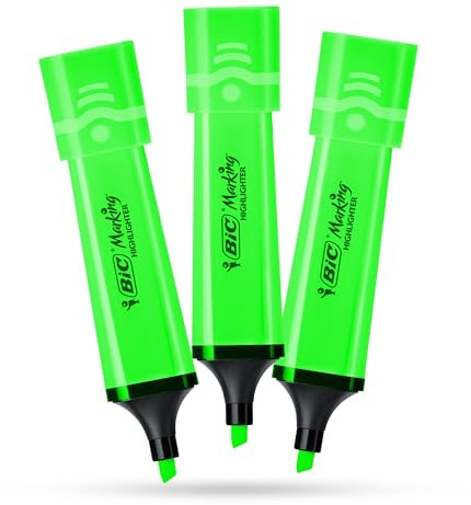 BIC Marking - Paquete de 3 marcadores de plástico con tinta fluorescente verde neón para notas suaves, resaltadores precisos, ideal para la escuela y la oficina