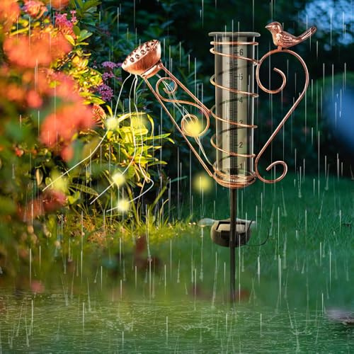 XPJBKC Regenmesser für Garten, Solarenergie Regenmesser Frostsicher Glas Regenwassermesser mit Erdspieß und Licht, Niederschlagsmesser Regenwassermesser für Garten, Hof, Terrasse, Rasen, Outdoor