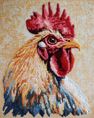 AYAOYANGGO 11CT Kreuzstich Set Stickset Mit Hahnporträt，Tierporträts，Kreuzstich-Set Für Erwachsene Mit Nadeln，Schereneinfädler，Vordruck Für Die Wanddekoration Zu Hause 40x50cm