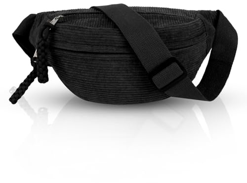 Maxmoc Bauchtasche Cord, Crossbody Bag, Umhängetasche für Damen Herren | Schwarz Modische Gürteltasche mit Schultergurt Einstellbar für Outdoor Sport, Reise, Schule, Arbeit