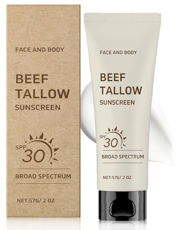 Beef Tallow Sunscreen SPF 30 - Natural Mineral Sun Cream for Face & Body - Reef Safe & Water-Resistant Beef Tallow Sunblock - Non Greasy & Moisturising Suncream for Summer Outdoor Travel