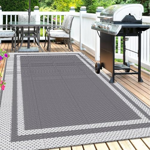 Tappeto Esterno Impermeabile Grigio 120x180cm Tappeti Giardino in Plastica - Tessitura Piatta - Tappeto da Terrazzo Reversibile per Campeggio Picnic Balcone spiaggia
